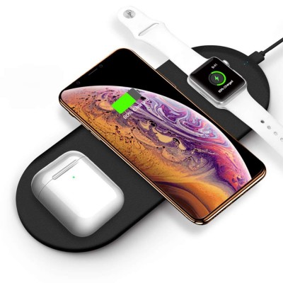 3 in 1 Leather QI 10W Smart Watch Wireless Charging Pad Mat Puck For Iphone 8/x/xr/xs and Samsung s10/s9/s8